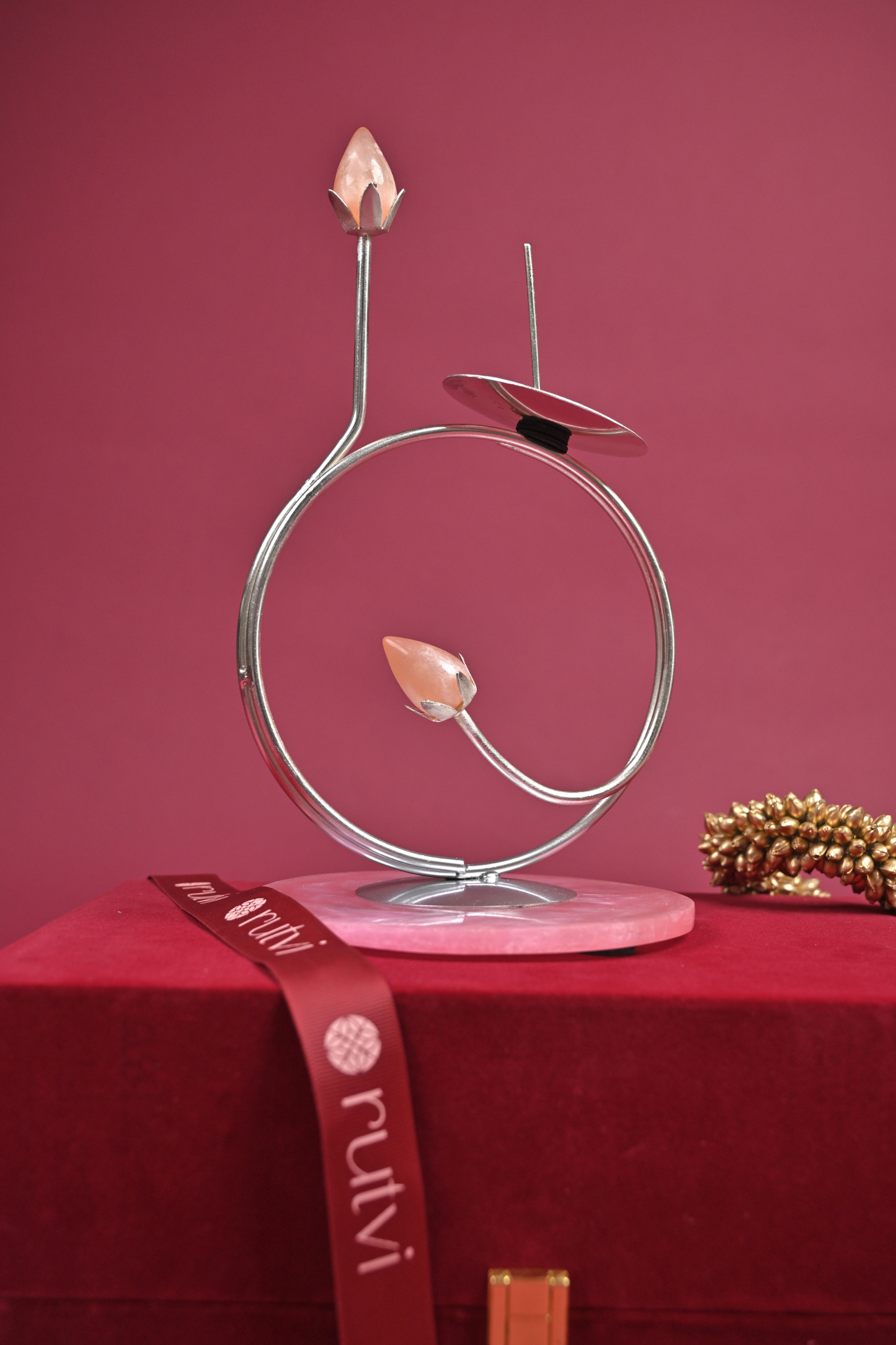 handcrafted german silver lotus diya stand on rose quartz base with velvet gift box