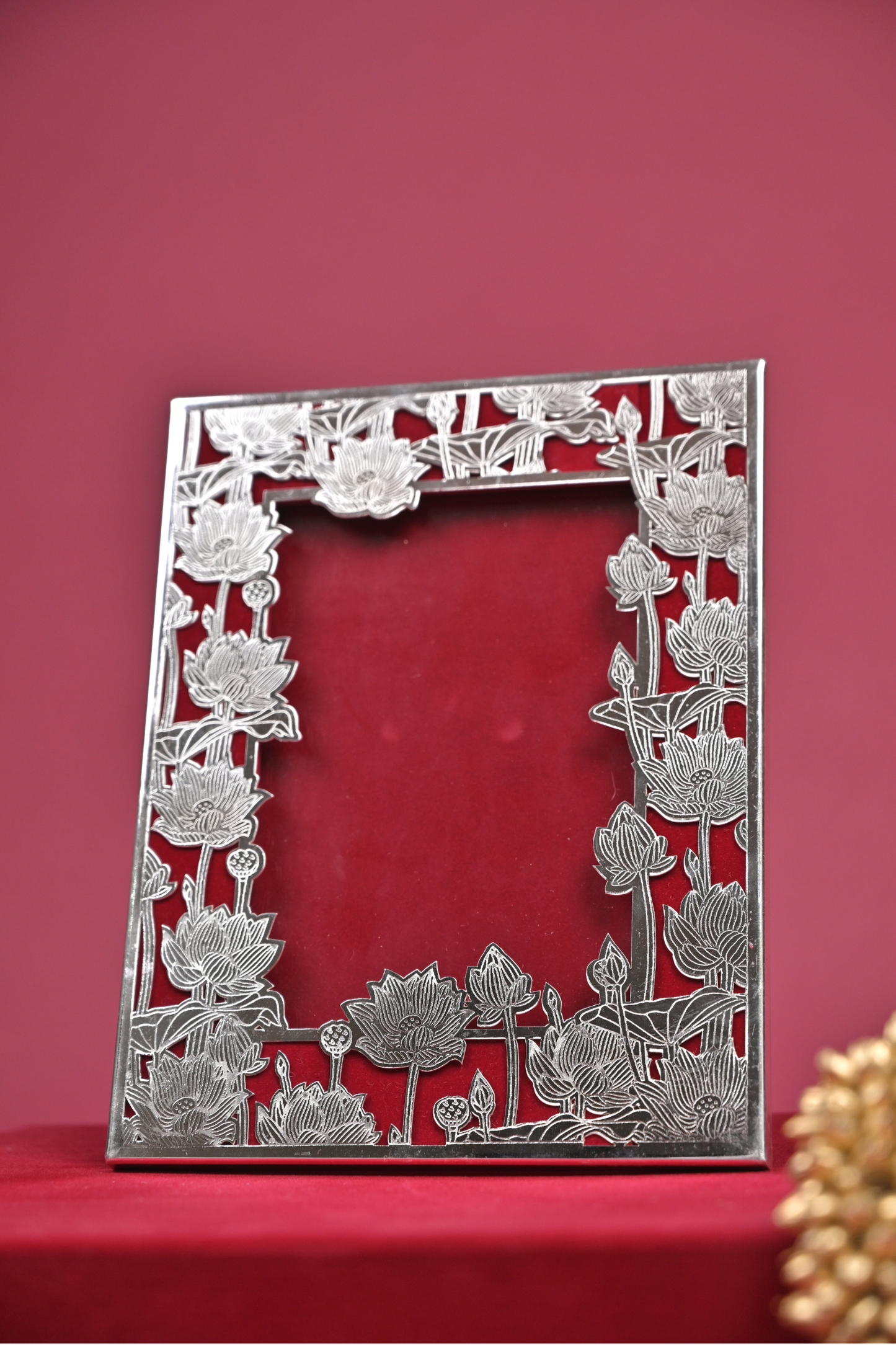 german silver lotus photo frame & candle holder gift set with velvet box