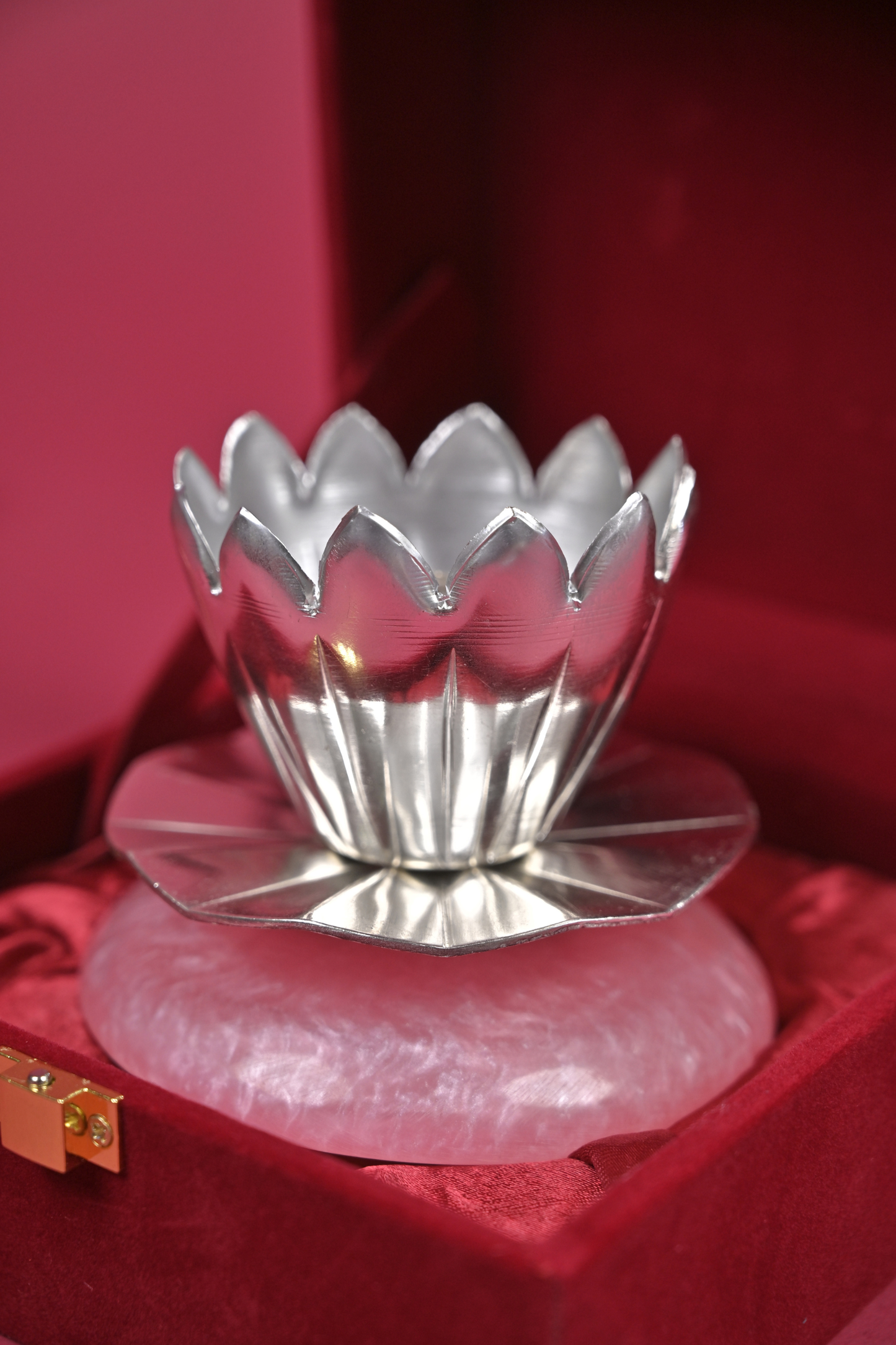 handcrafted german silver lotus diya on rose quartz base – decorative pooja & gifting accent