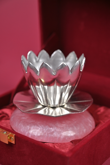 Handcrafted German Silver Lotus Diya on Rose Quartz Base – Decorative Pooja & Gifting Accent