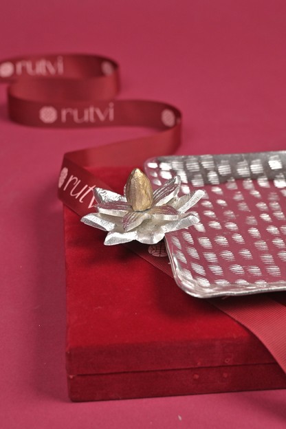 Handcrafted German Silver Serving Tray with Lotus Diyas – Decorative Pooja & Gifting Platter