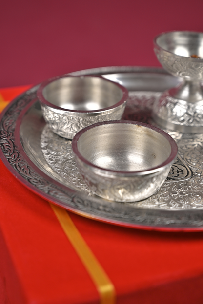 German Silver Pooja Thali Set with Diya & Bowls