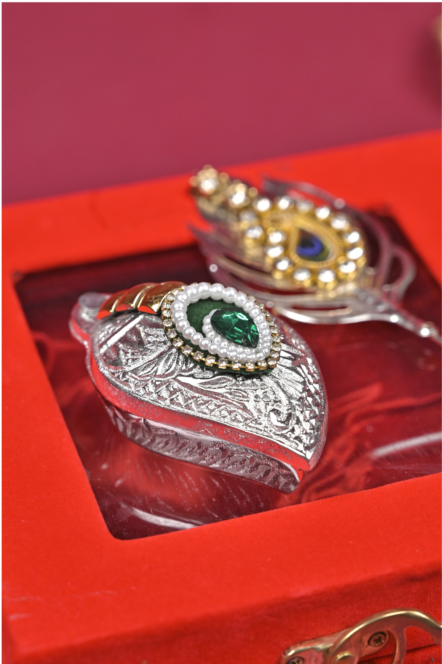 silver peacock feather kumkum holder & decorative feather set