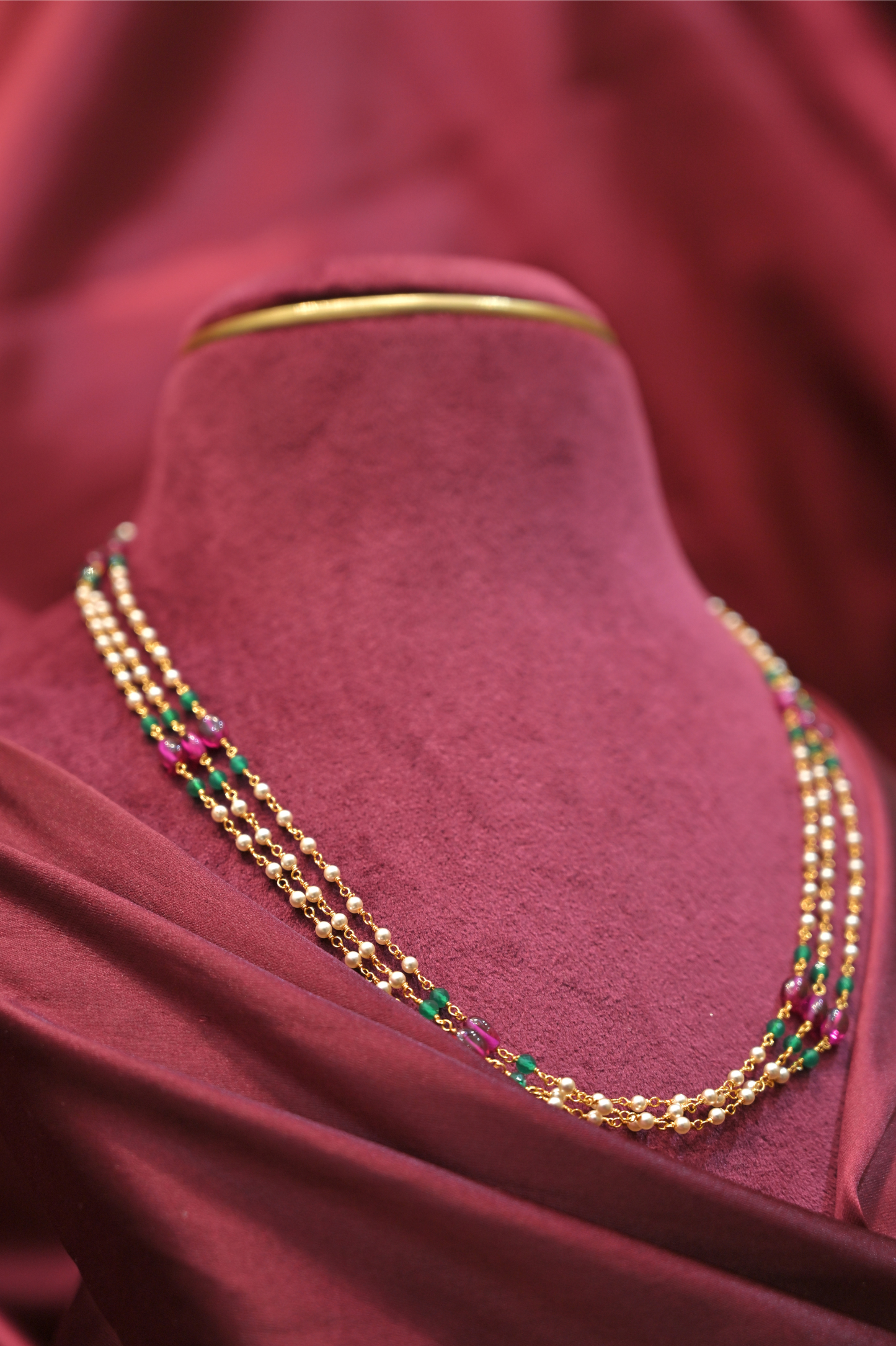 925 sterling silver triple layer multi-colour pearl bead gold plated necklace