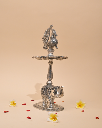 Mangalachari Elephant Samayi with Plate – German Silver Diya & Oil Lamp for Pooja