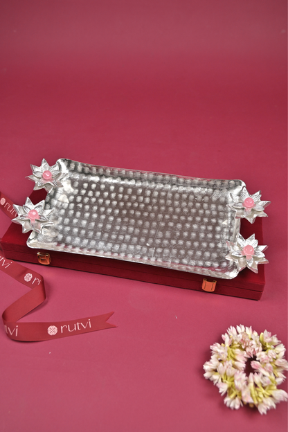 Silver Floral Serving Tray with Lotus Diyas