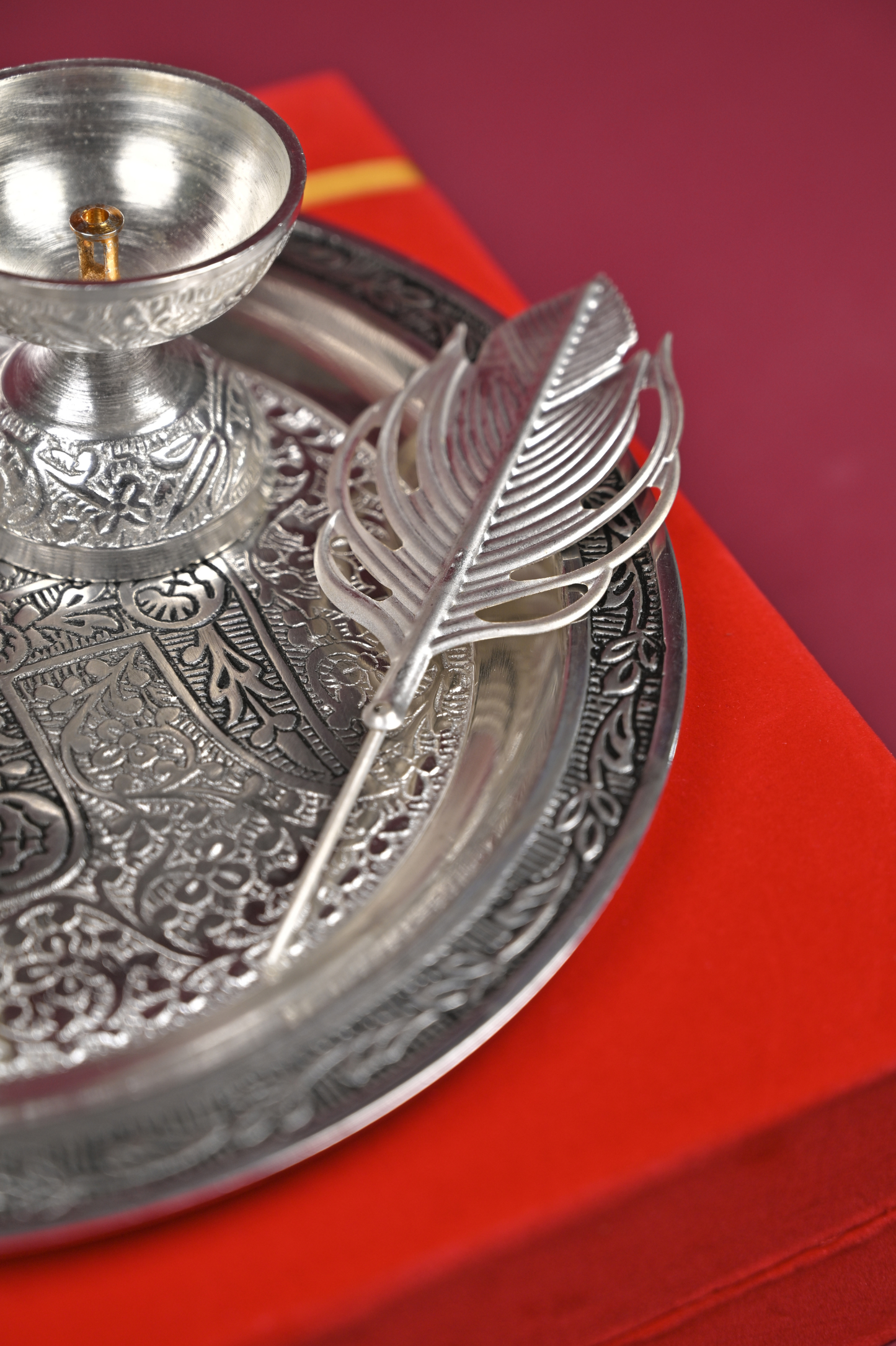 german silver pooja thali set with diya & bowls