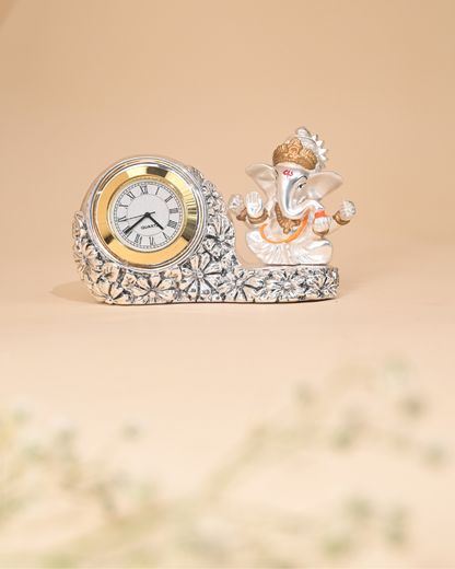 Silver-Plated Ganesh Idol with Clock – Car Dashboard, Home & Temple Décor