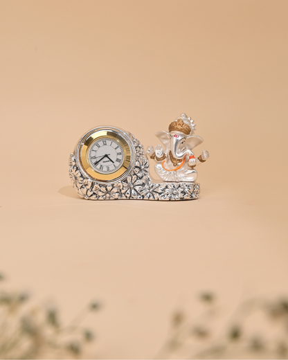 Silver-Plated Ganesh Idol with Clock – Car Dashboard, Home & Temple Décor