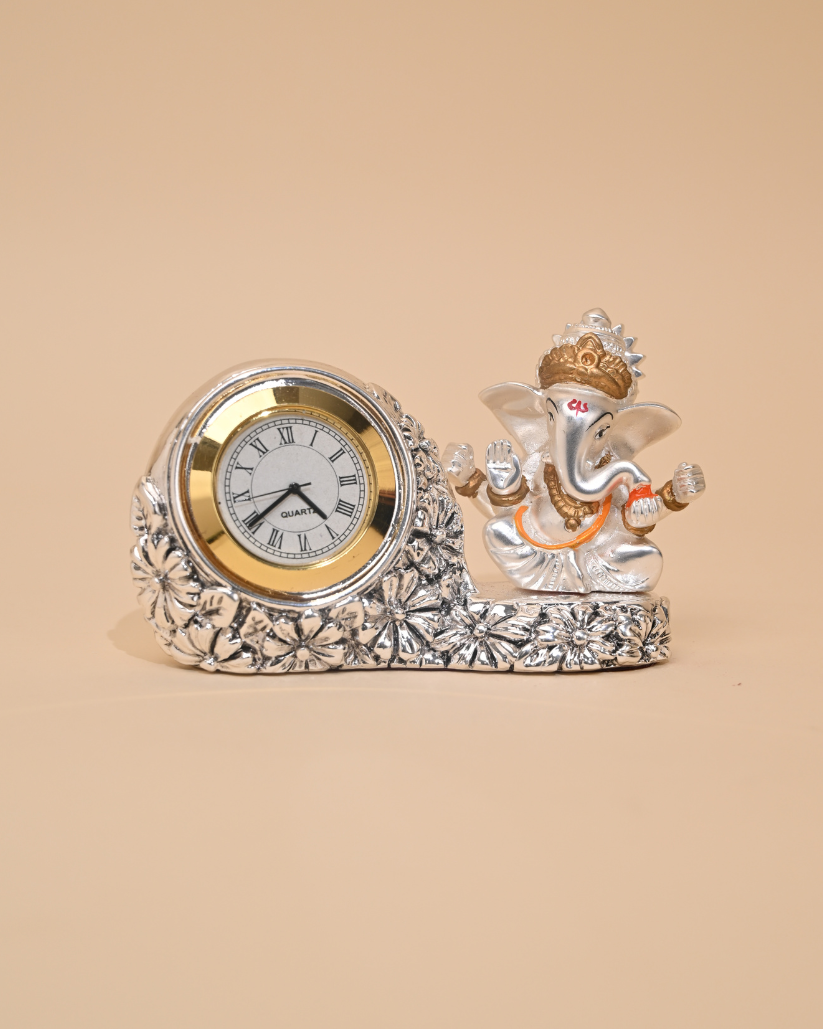 Silver-Plated Ganesh Idol with Clock – Car Dashboard, Home & Temple Décor