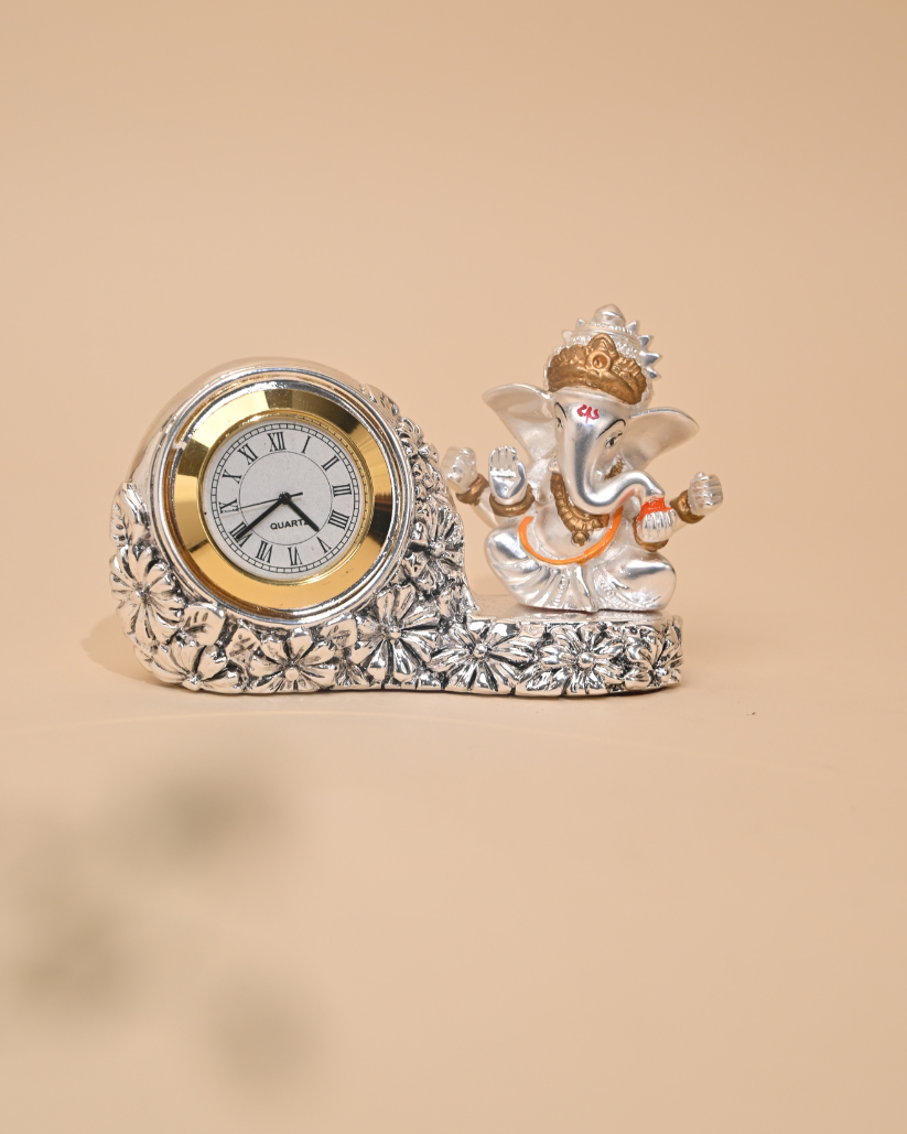 Silver-Plated Ganesh Idol with Clock – Car Dashboard, Home & Temple Décor