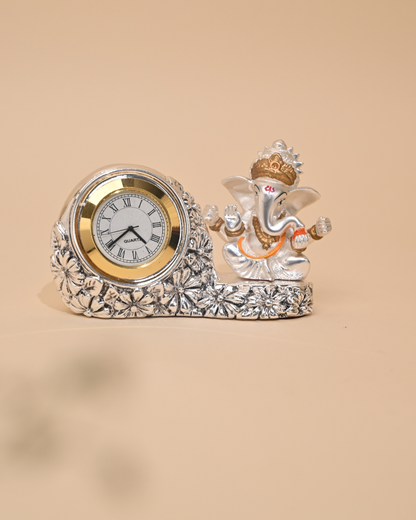 Silver-Plated Ganesh Idol with Clock – Car Dashboard, Home & Temple Décor