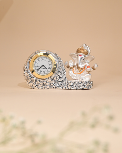 Silver-Plated Ganesh Idol with Clock – Car Dashboard, Home & Temple Décor