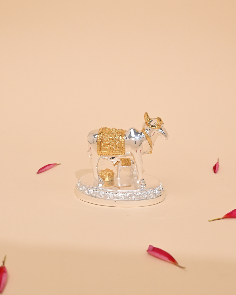 Gold-Plated Kamdhenu Cow and Calf Idol – Sacred Pooja & Home Temple Statue