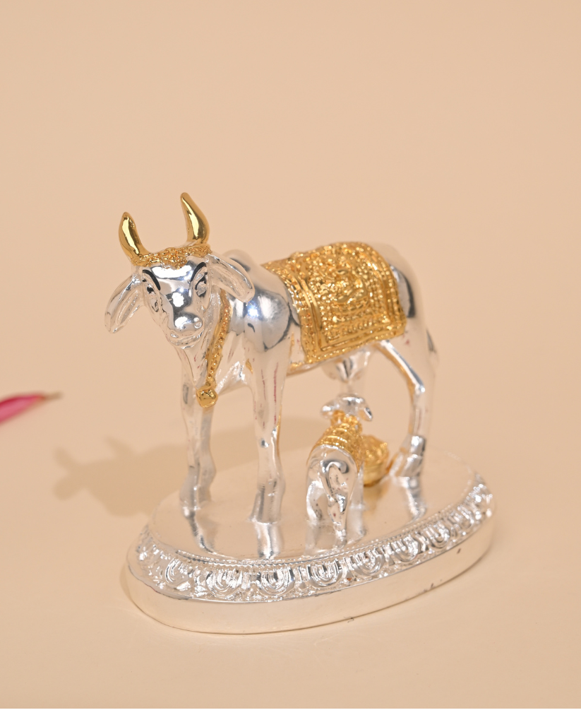 Gold-Plated Kamdhenu Cow and Calf Idol – Sacred Pooja & Home Temple Statue