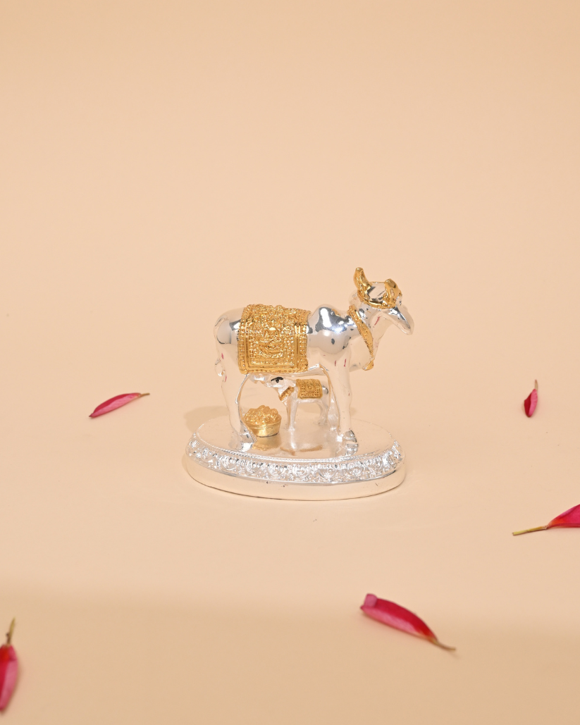 Gold-Plated Kamdhenu Cow and Calf Idol – Sacred Pooja & Home Temple Statue