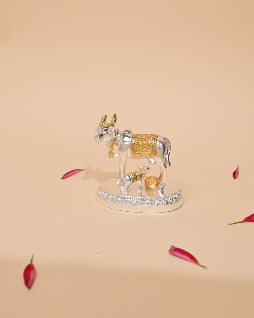 Gold-Plated Kamdhenu Cow and Calf Idol – Sacred Pooja & Home Temple Statue