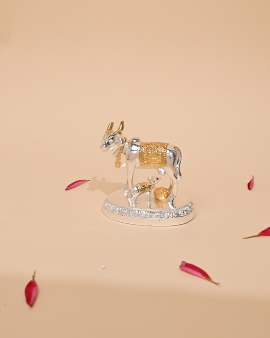 Gold-Plated Kamdhenu Cow and Calf Idol – Sacred Pooja & Home Temple Statue
