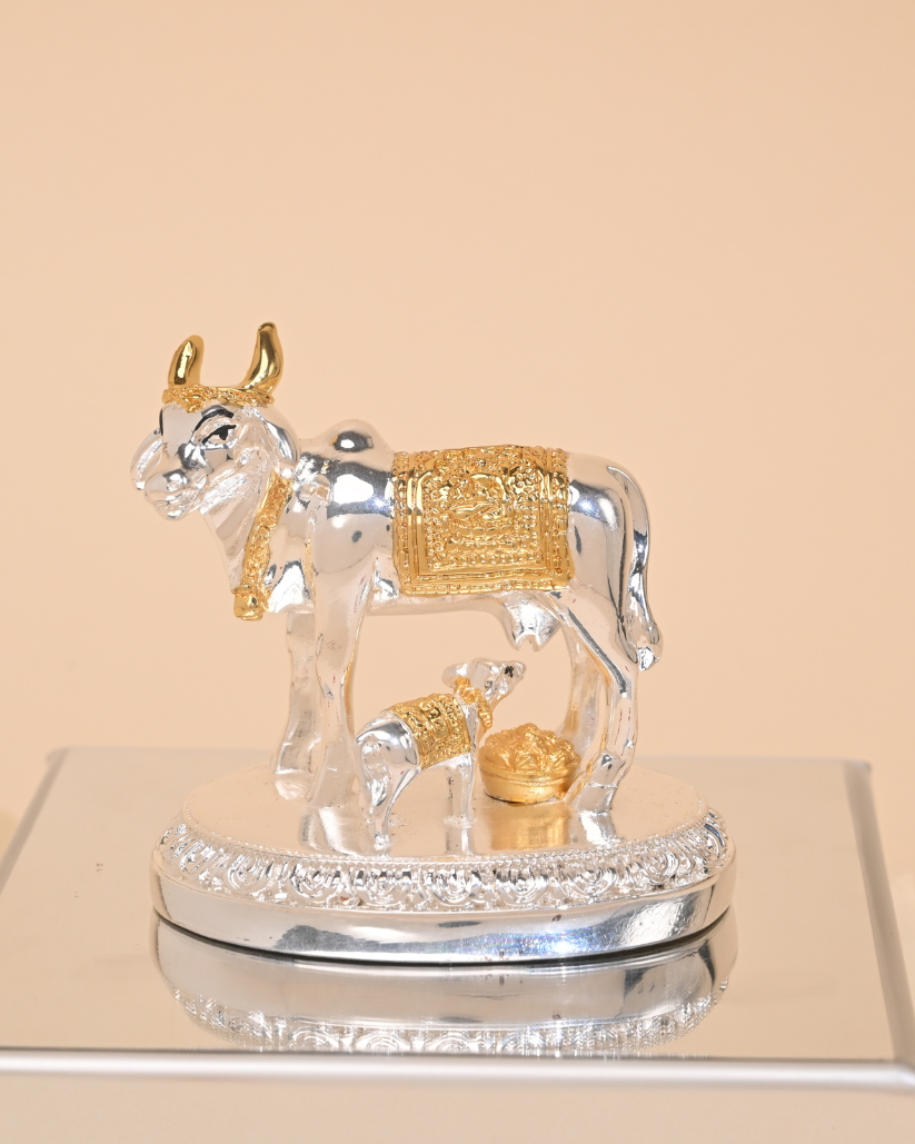 Gold-Plated Kamdhenu Cow and Calf Idol – Sacred Pooja & Home Temple Statue