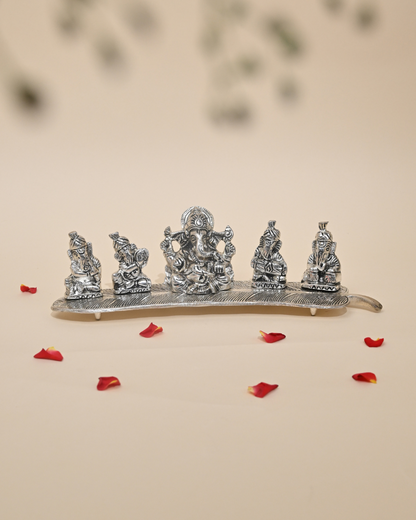 Handcrafted German Silver Musical Ganesha Set on Banana Leaf