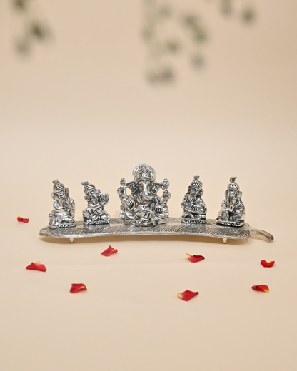 Handcrafted German Silver Musical Ganesha Set on Banana Leaf