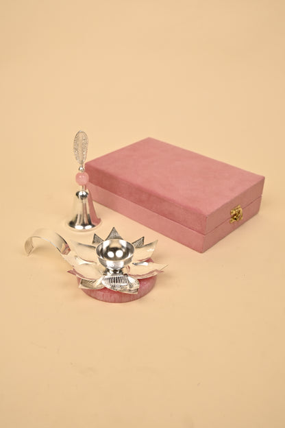 Lotus Diya and Bell Set in German Silver – Handcrafted Pooja Essentials for Auspicious Rituals