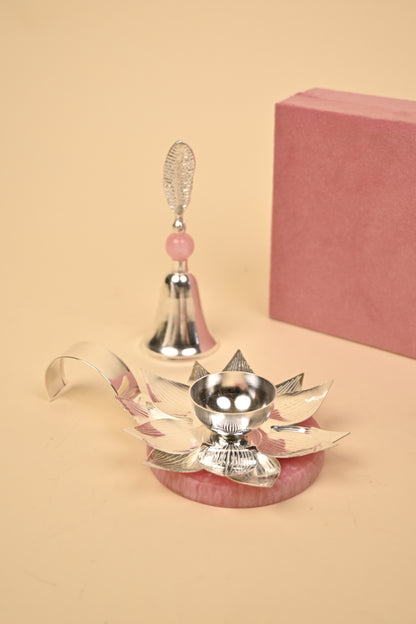 Lotus Diya and Bell Set in German Silver – Handcrafted Pooja Essentials for Auspicious Rituals