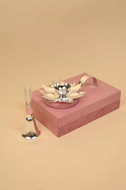 Lotus Diya and Bell Set in German Silver – Handcrafted Pooja Essentials for Auspicious Rituals