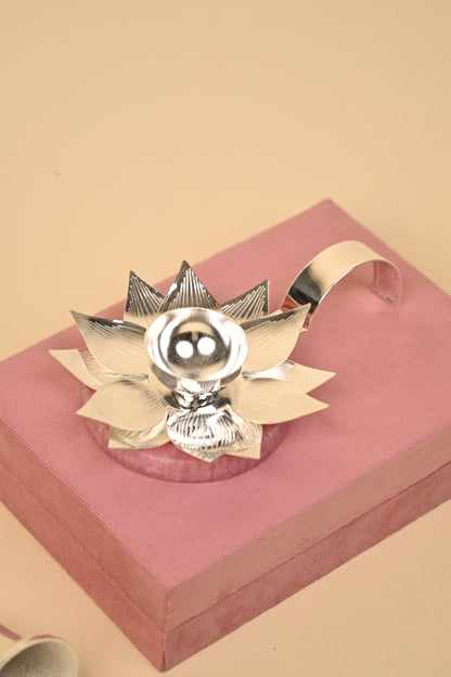 Lotus Diya and Bell Set in German Silver – Handcrafted Pooja Essentials for Auspicious Rituals