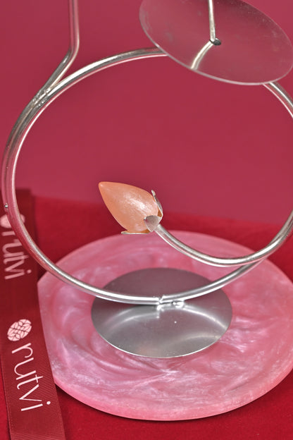 Handcrafted German Silver Lotus Diya Stand on Rose Quartz Base with Velvet Gift Box