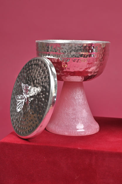 Silver Hammered Bowl Set with Pink Stone Stand (Set of 2)