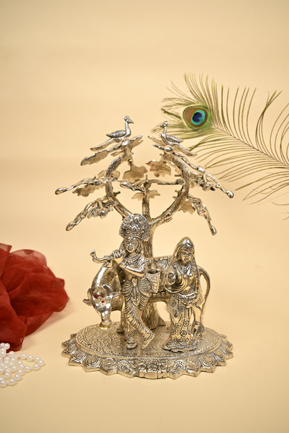 Radha Krishna & Cow Under Tree Idol – German Silver Decorative Statue for Home Temple & Auspicious Gifting