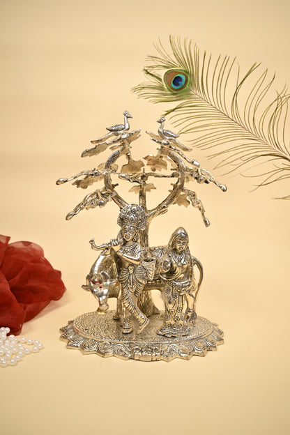 Radha Krishna & Cow Under Tree Idol – German Silver Decorative Statue for Home Temple & Auspicious Gifting