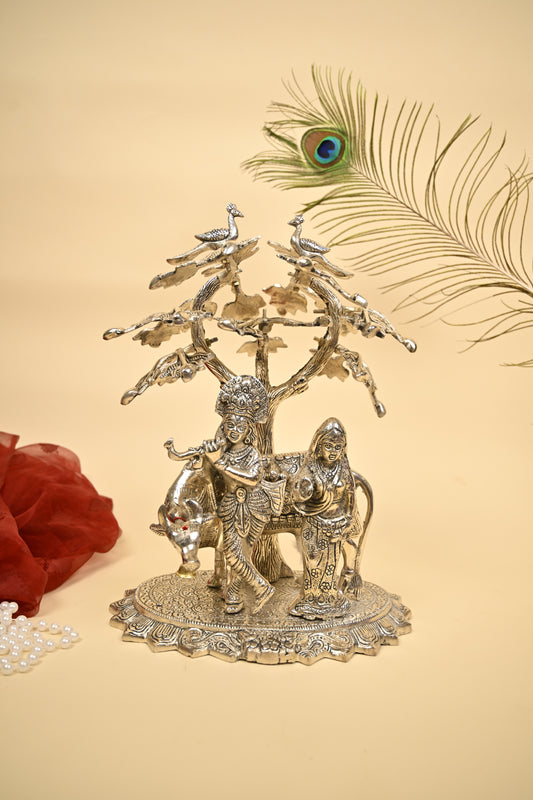 Radha Krishna & Cow Under Tree Idol – German Silver Decorative Statue for Home Temple & Auspicious Gifting