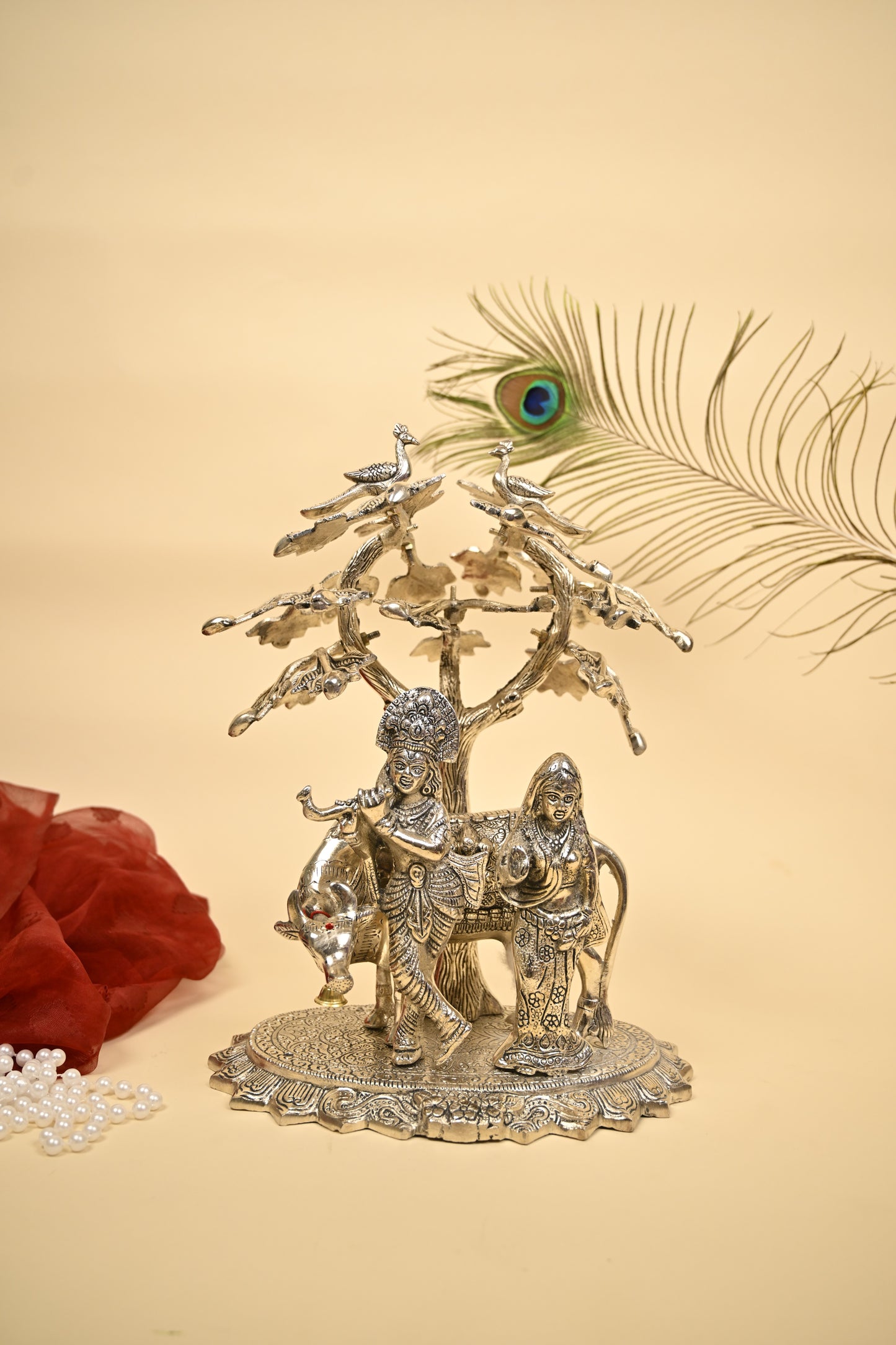 Radha Krishna & Cow Under Tree Idol – German Silver Decorative Statue for Home Temple & Auspicious Gifting
