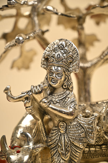 Radha Krishna & Cow Under Tree Idol – German Silver Decorative Statue for Home Temple & Auspicious Gifting