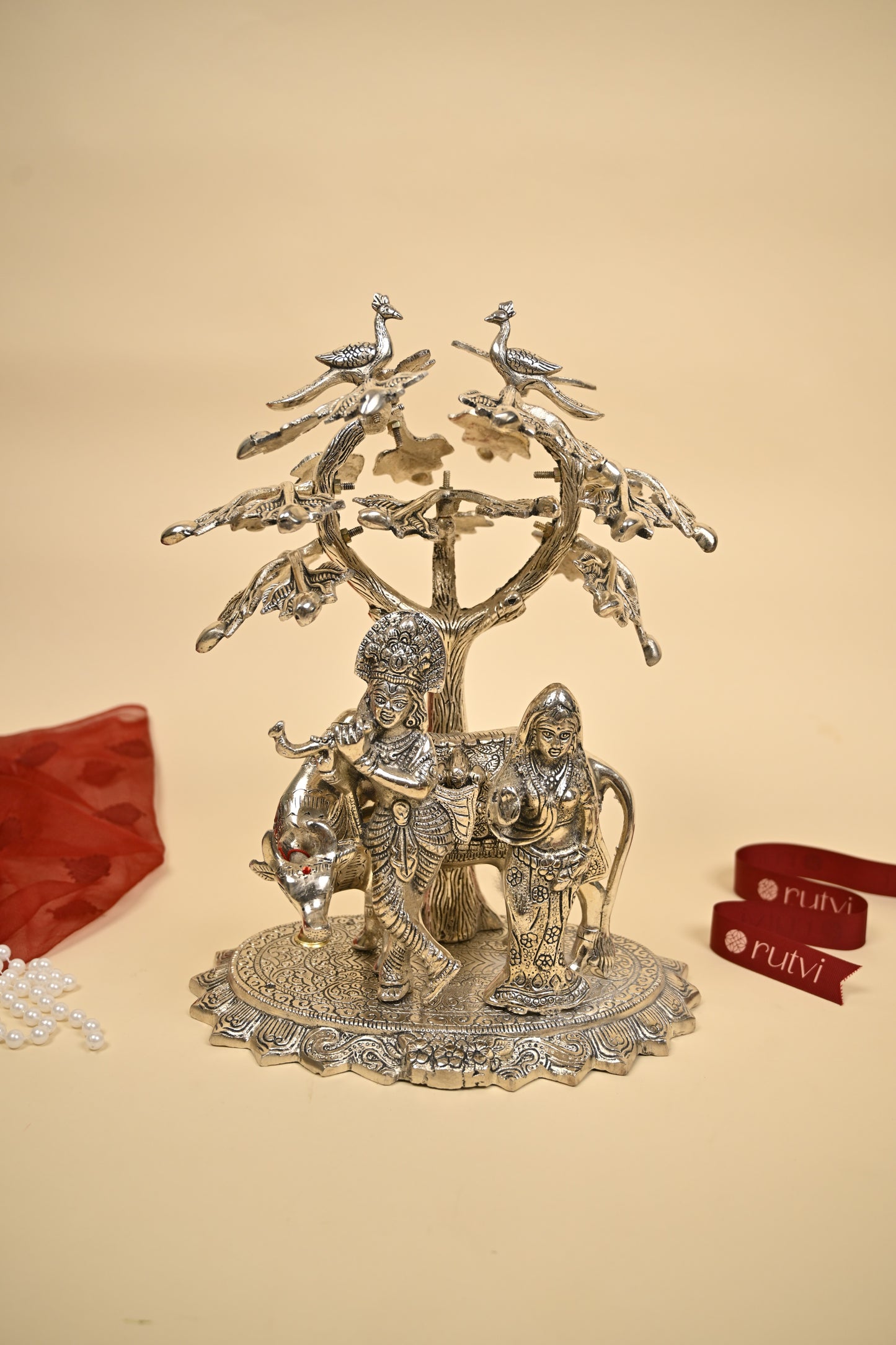 Radha Krishna & Cow Under Tree Idol – German Silver Decorative Statue for Home Temple & Auspicious Gifting
