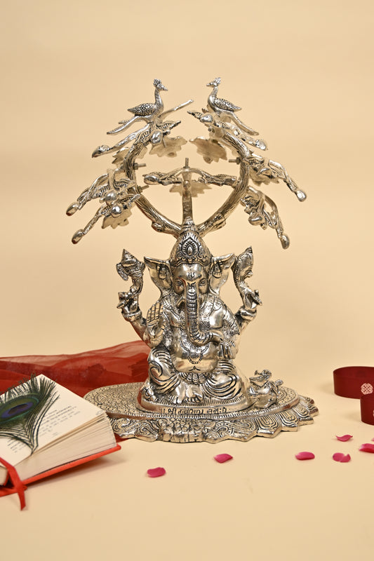Ganesh Under Tree Idol – German Silver Vighnaharta Sculpture for Home Temple & Auspicious Gifting