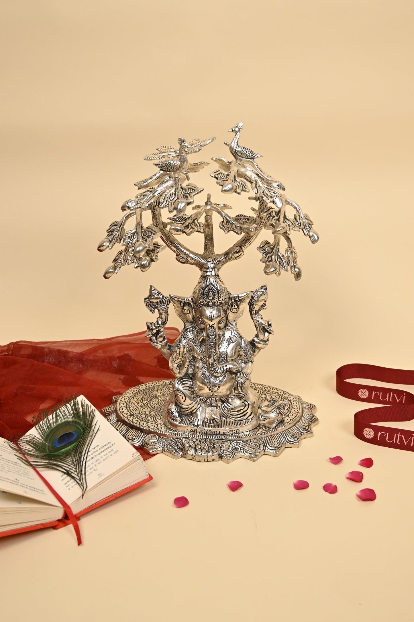 Ganesh Under Tree Idol – German Silver Vighnaharta Sculpture for Home Temple & Auspicious Gifting