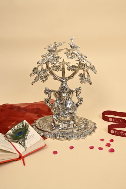 Ganesh Under Tree Idol – German Silver Vighnaharta Sculpture for Home Temple & Auspicious Gifting