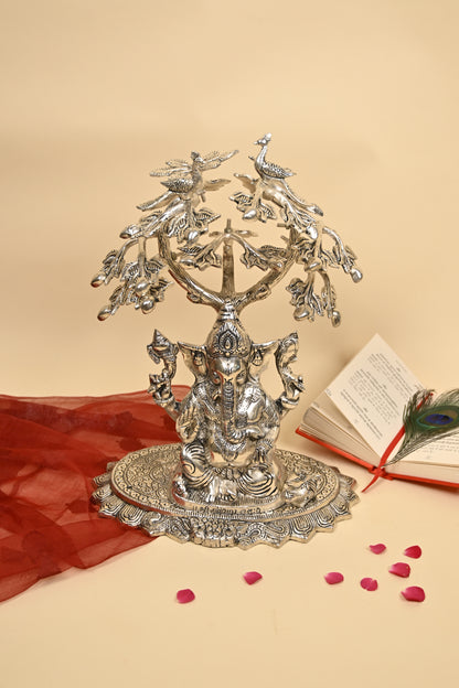 Ganesh Under Tree Idol – German Silver Vighnaharta Sculpture for Home Temple & Auspicious Gifting
