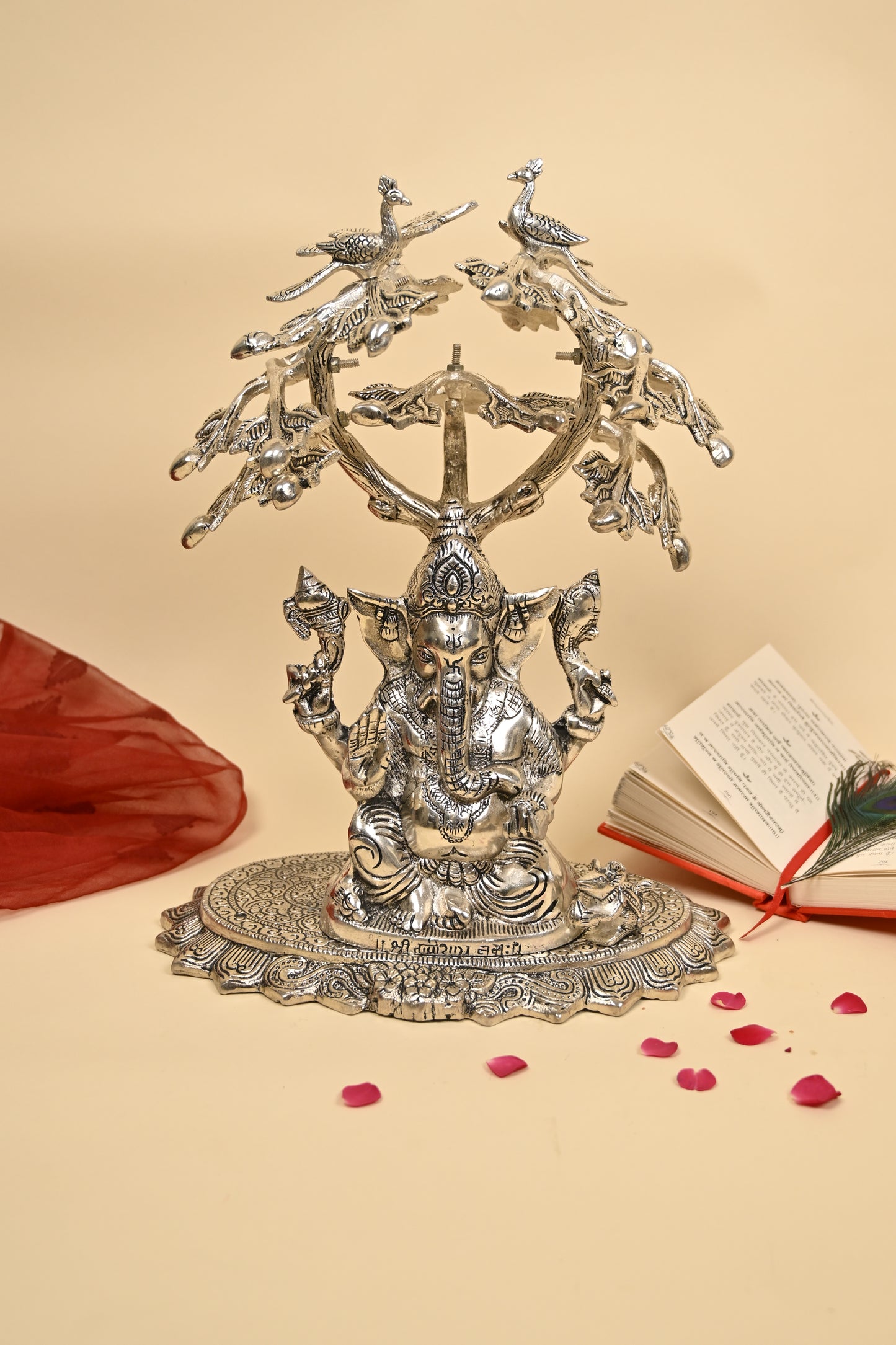 Ganesh Under Tree Idol – German Silver Vighnaharta Sculpture for Home Temple & Auspicious Gifting