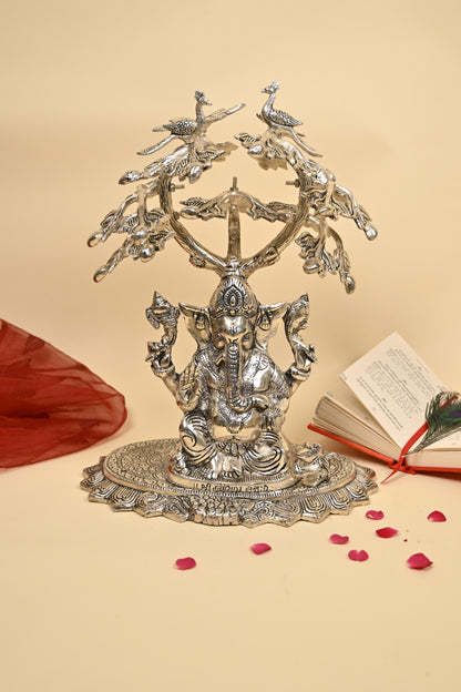 Ganesh Under Tree Idol – German Silver Vighnaharta Sculpture for Home Temple & Auspicious Gifting