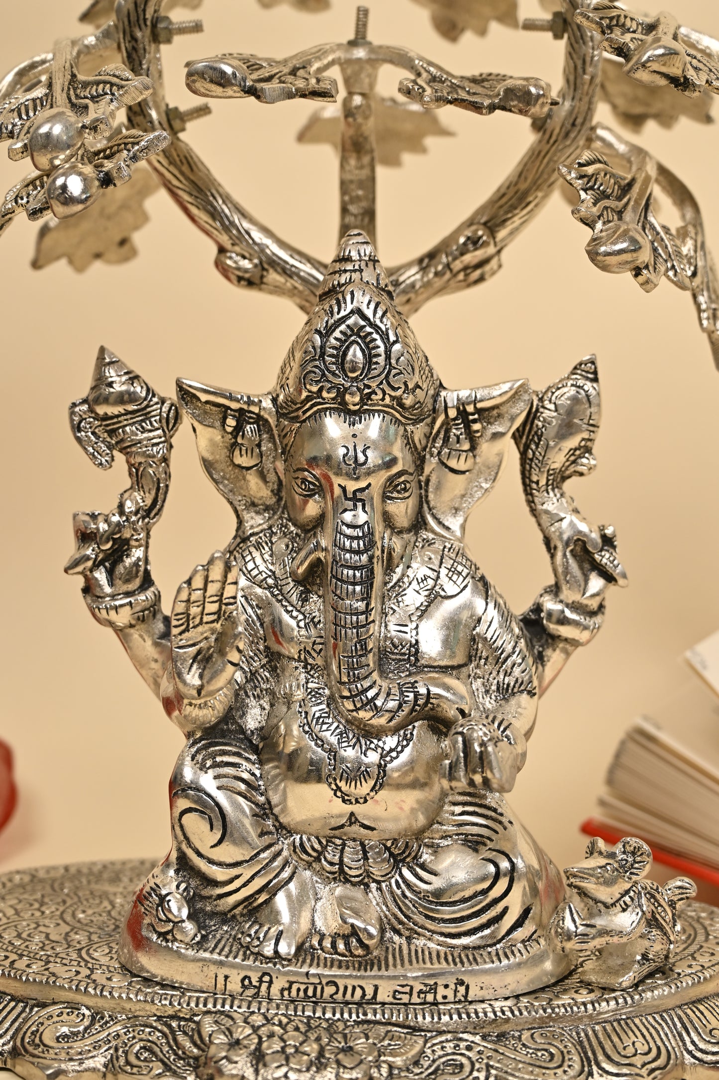 Ganesh Under Tree Idol – German Silver Vighnaharta Sculpture for Home Temple & Auspicious Gifting