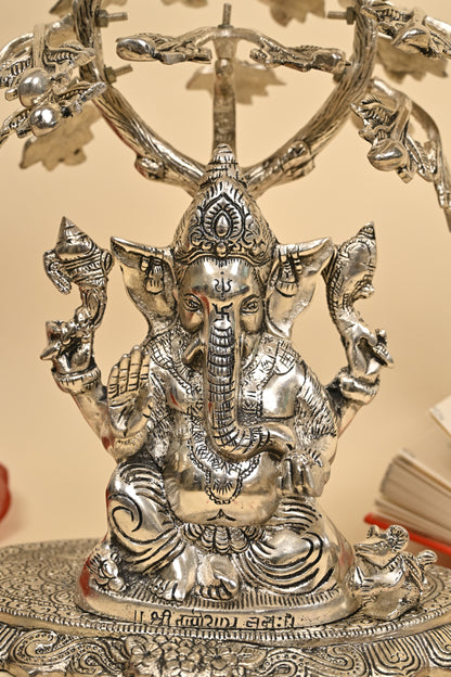 Ganesh Under Tree Idol – German Silver Vighnaharta Sculpture for Home Temple & Auspicious Gifting