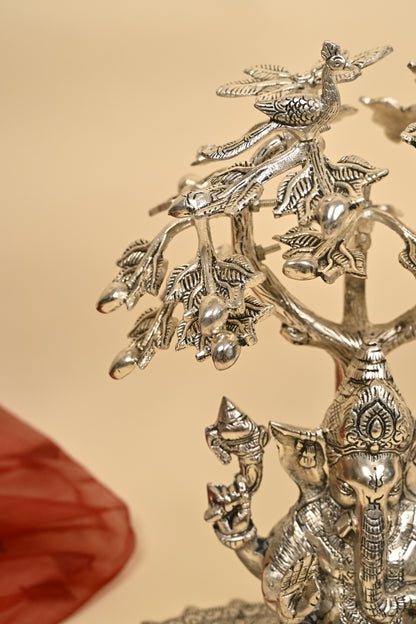 Ganesh Under Tree Idol – German Silver Vighnaharta Sculpture for Home Temple & Auspicious Gifting