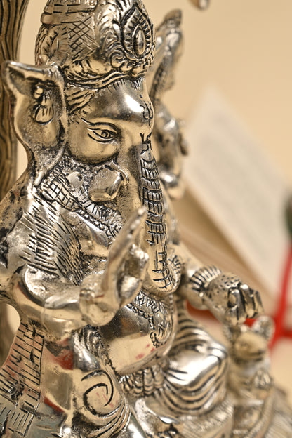 Ganesh Under Tree Idol – German Silver Vighnaharta Sculpture for Home Temple & Auspicious Gifting