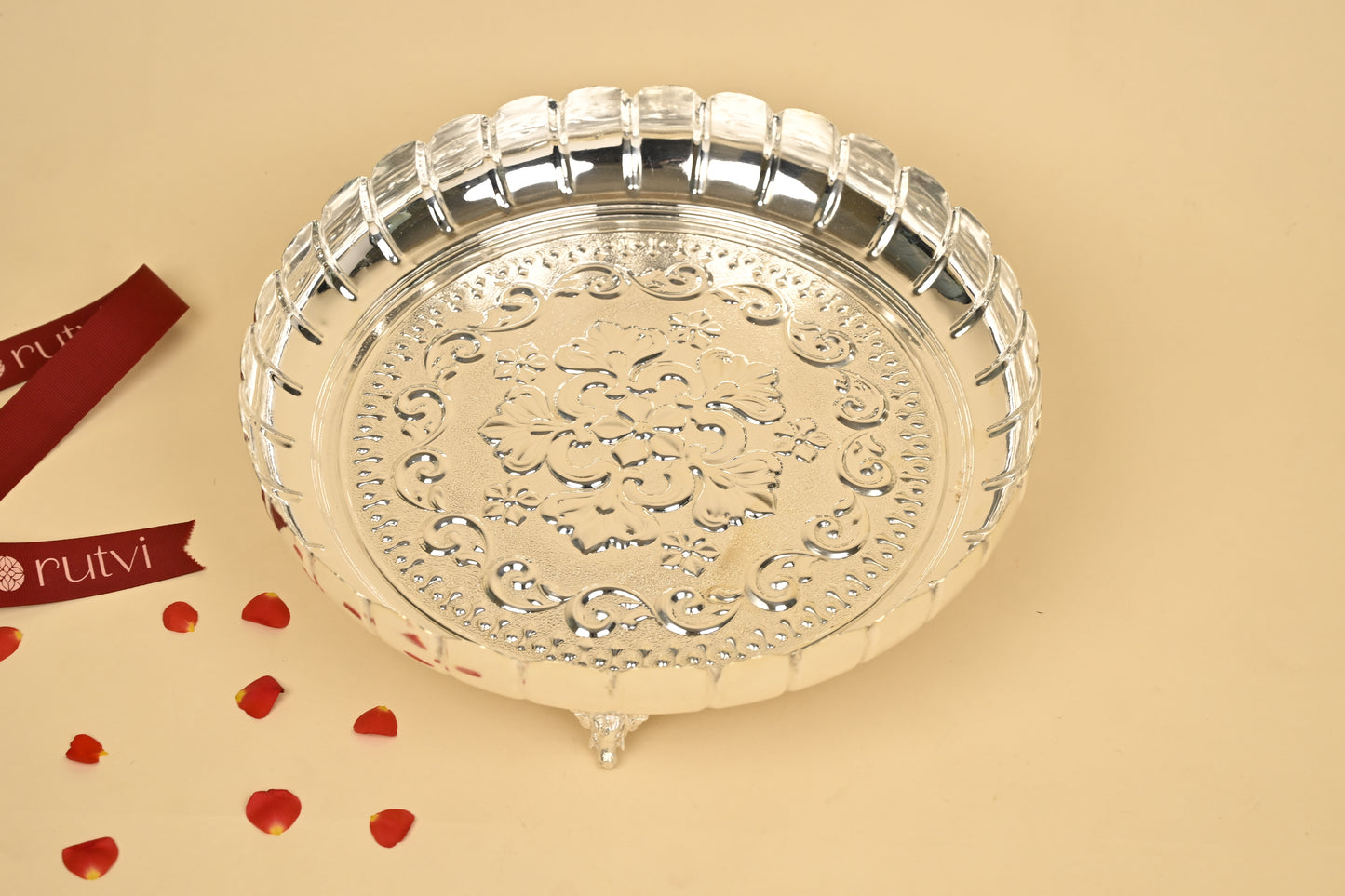 German Silver Lotus Flower Cut Plate with Legs – Decorative Pooja & Festive Serving Plate