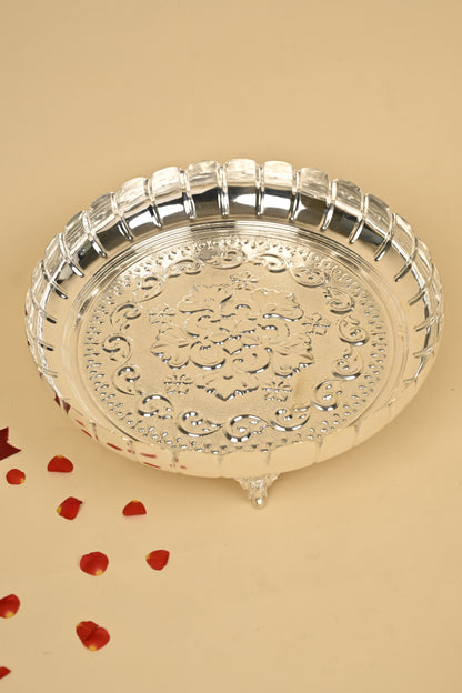 German Silver Lotus Flower Cut Plate with Legs – Decorative Pooja & Festive Serving Plate