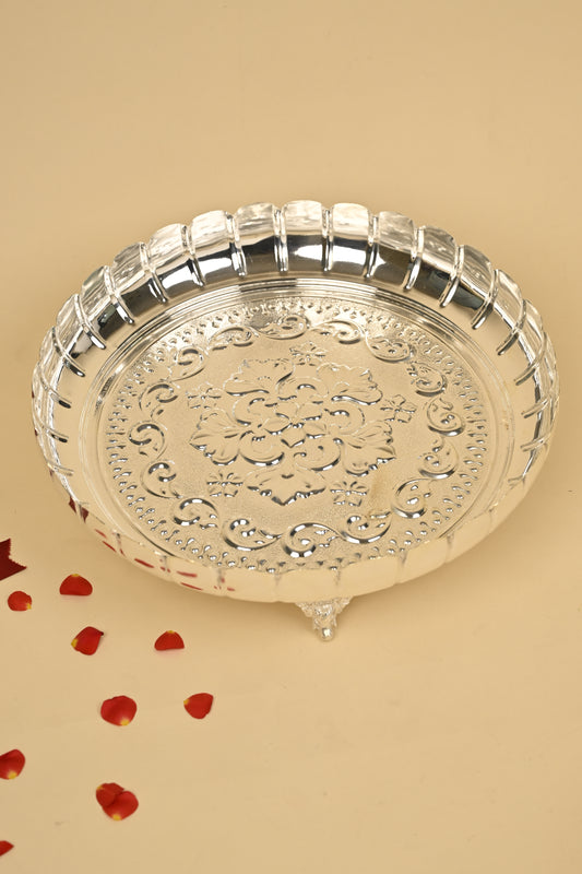 German Silver Lotus Flower Cut Plate with Legs – Decorative Pooja & Festive Serving Plate